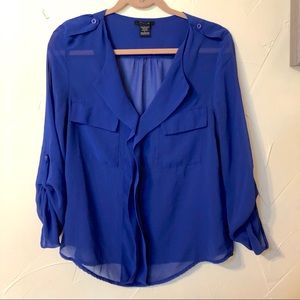 Sheer Long Sleeve Dark Blue Blouse